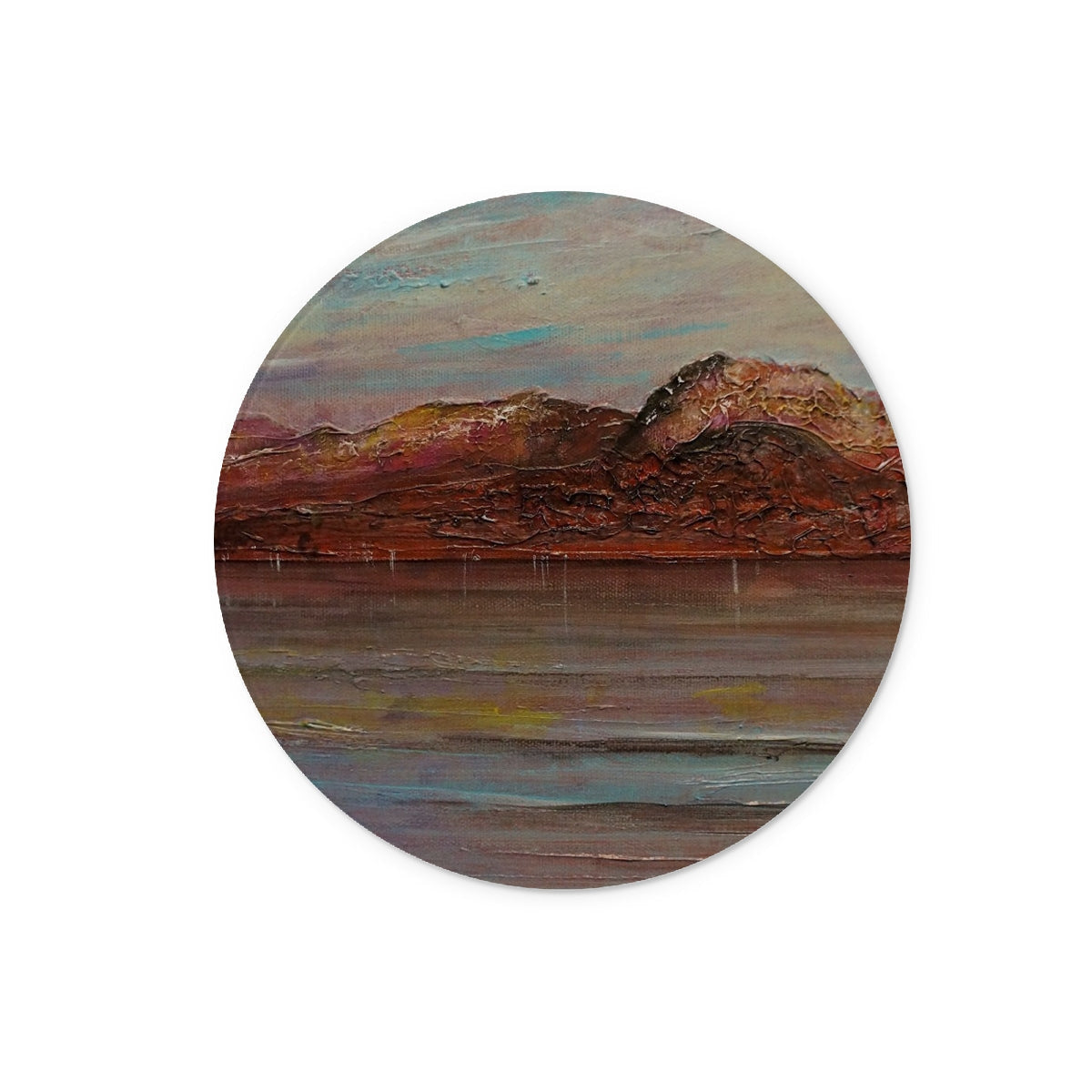 Round wooden Ben Nevis coaster with abstract earthy landscape texture