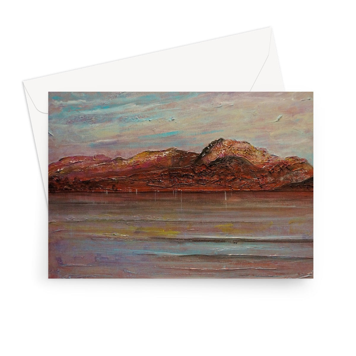 Ben Nevis greeting card with muted earth tone mountain landscape and water reflection