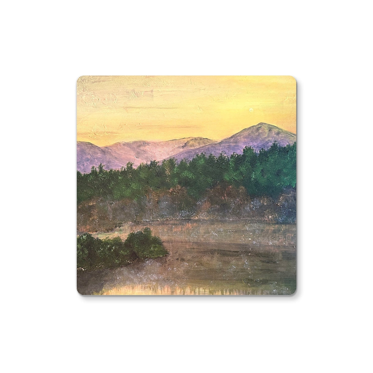 Ben Tee Invergarry Coaster featuring a wooden design with mountain landscape in purple and yellow hues