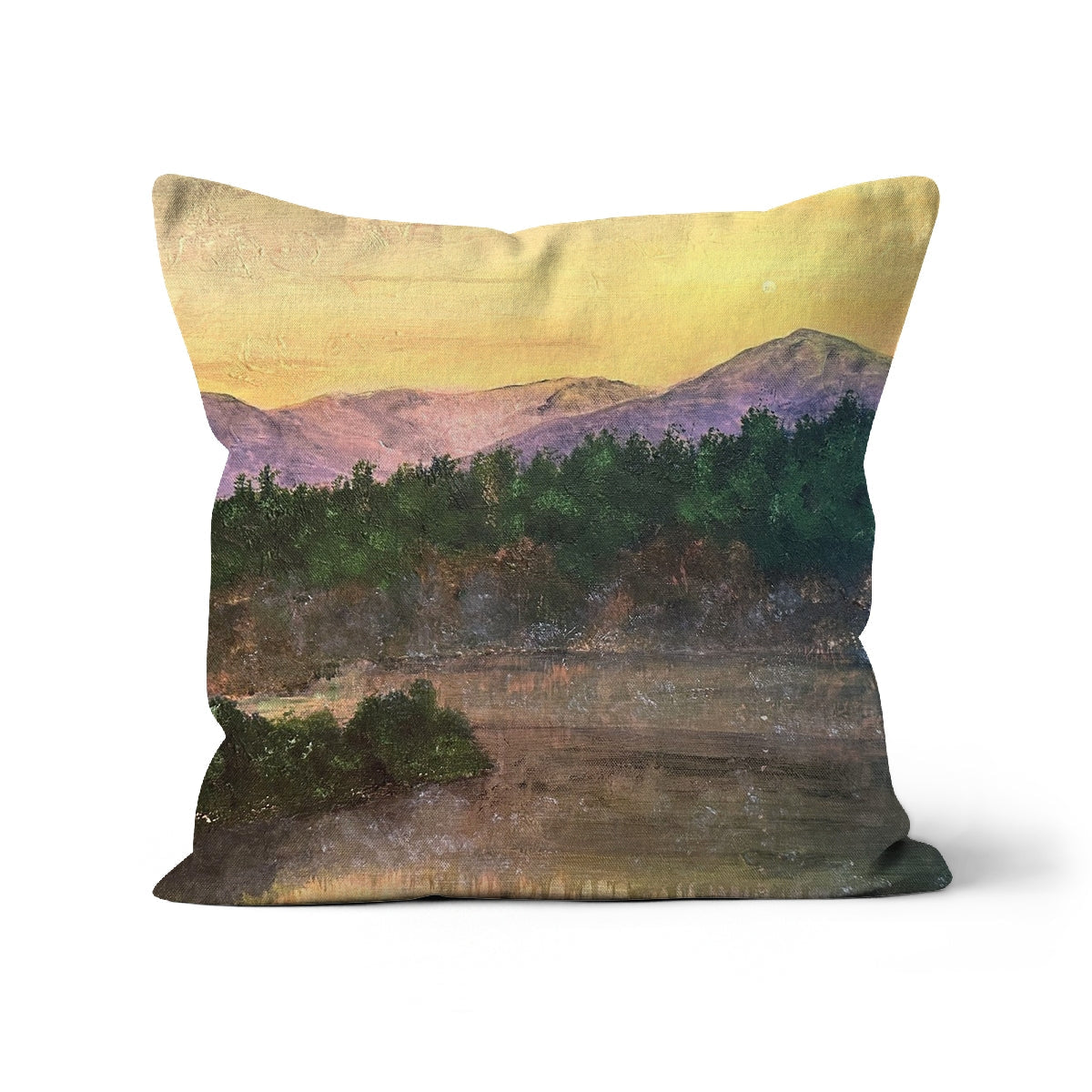 Yellow and purple mountain landscape fabric cushion for Ben Tee Invergarry Cushion