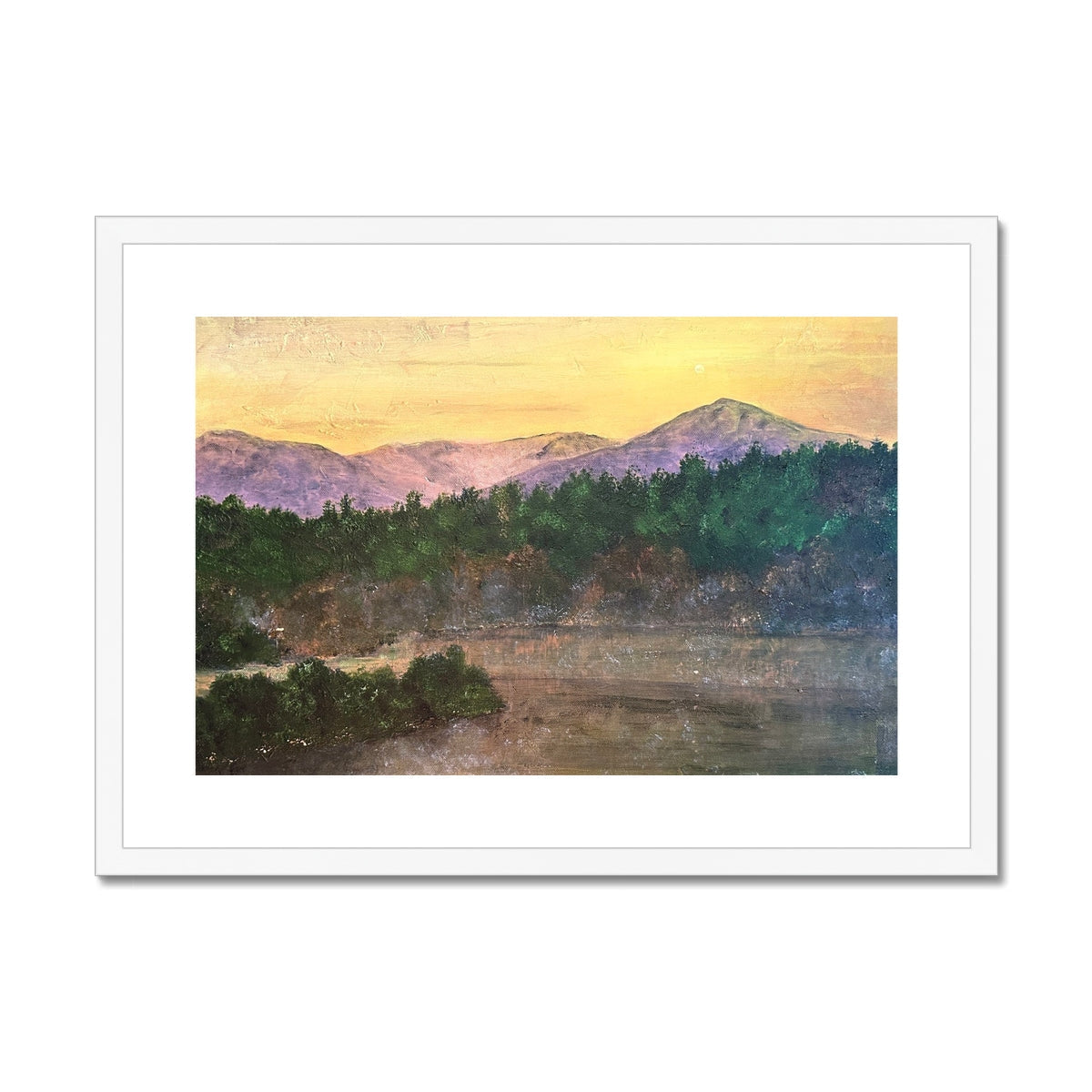 Watercolor landscape painting of mountains and trees in Ben Tee Invergarry framed print