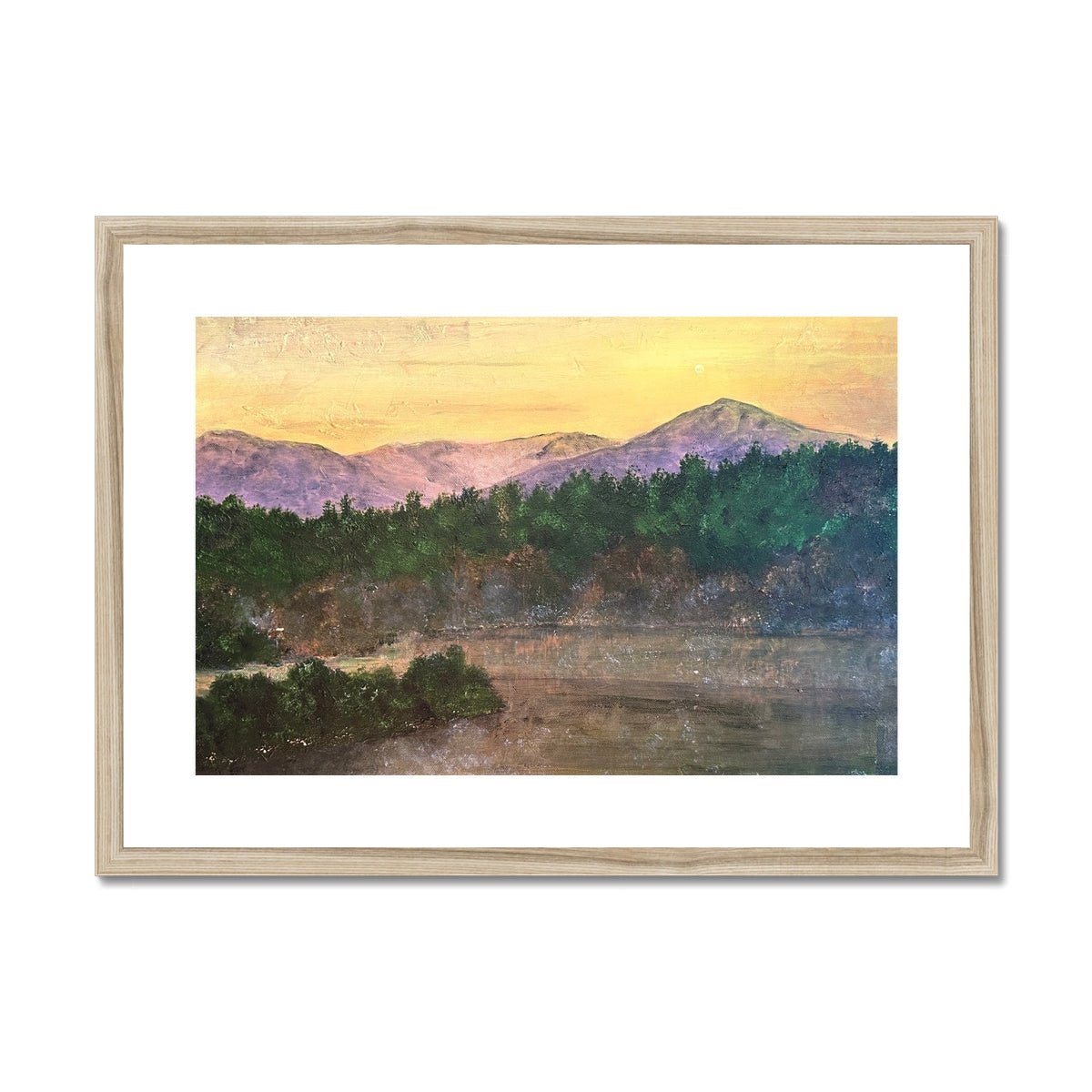 Ben Tee Invergarry framed watercolor landscape print with mountains and forests in earth tones