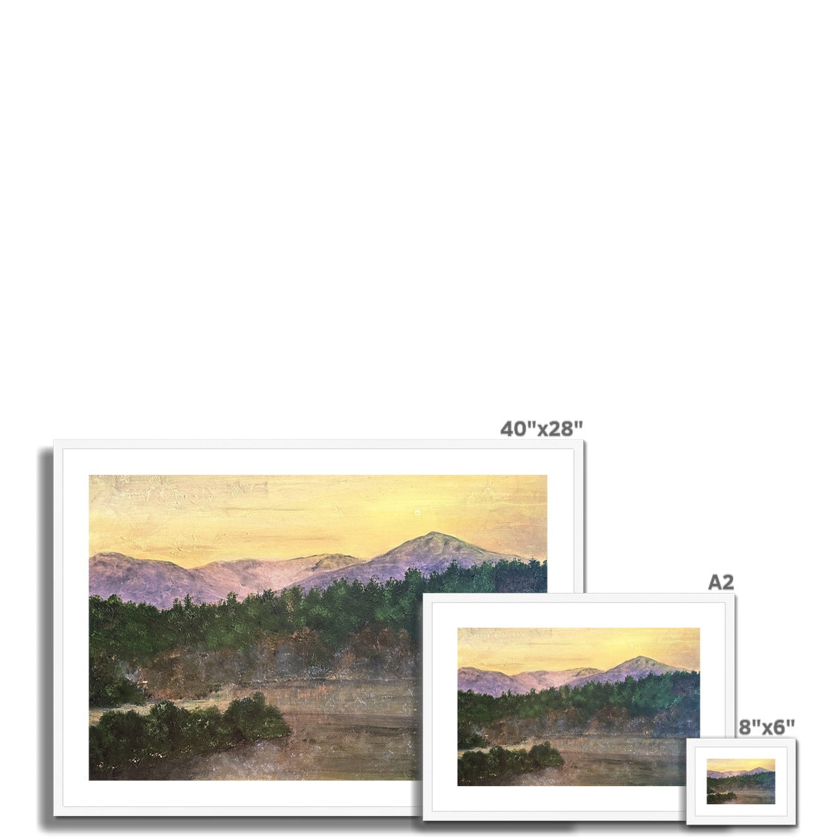 Ben Tee Invergarry framed and mounted landscape print with purple mountains and green trees