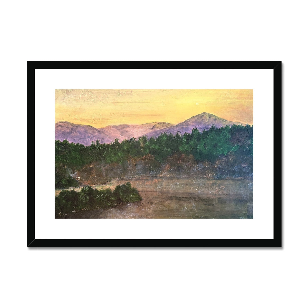 Framed watercolor landscape of Ben Tee Invergarry mountain range at sunset print