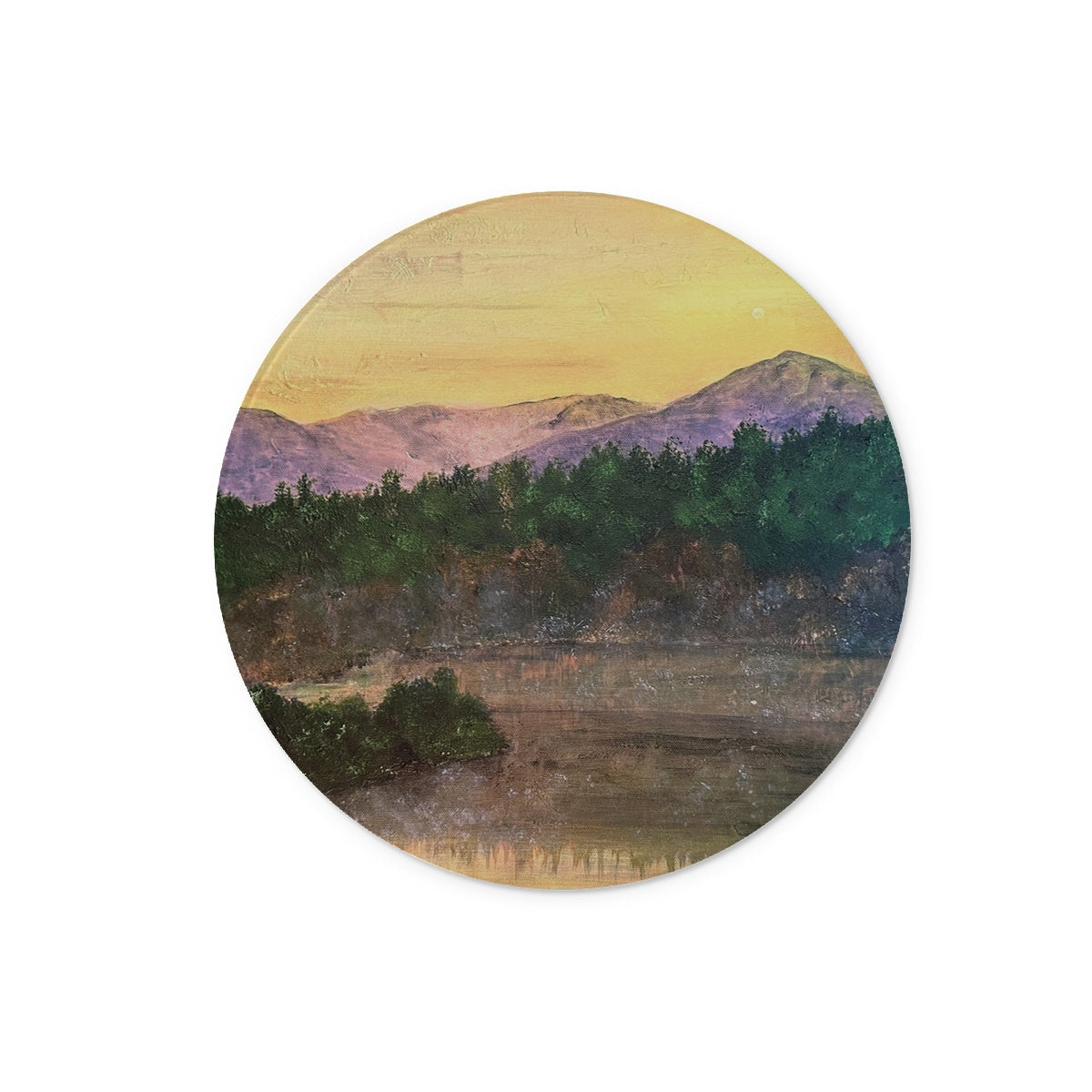 Round sticker with mountain landscape design in purple and yellow hues on Ben Tee Invergarry Glass Chopping Board