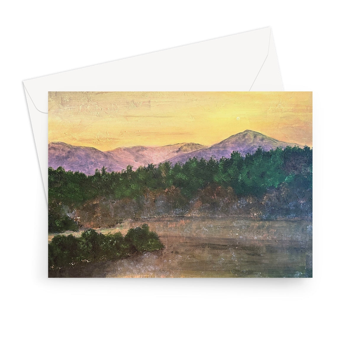 Watercolor mountain landscape greeting card with sunset scene, envelope, pastel hues