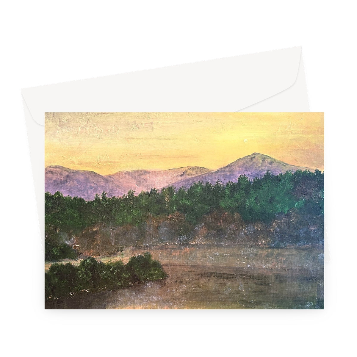 Watercolor mountain landscape greeting card with envelope in purple and orange hues