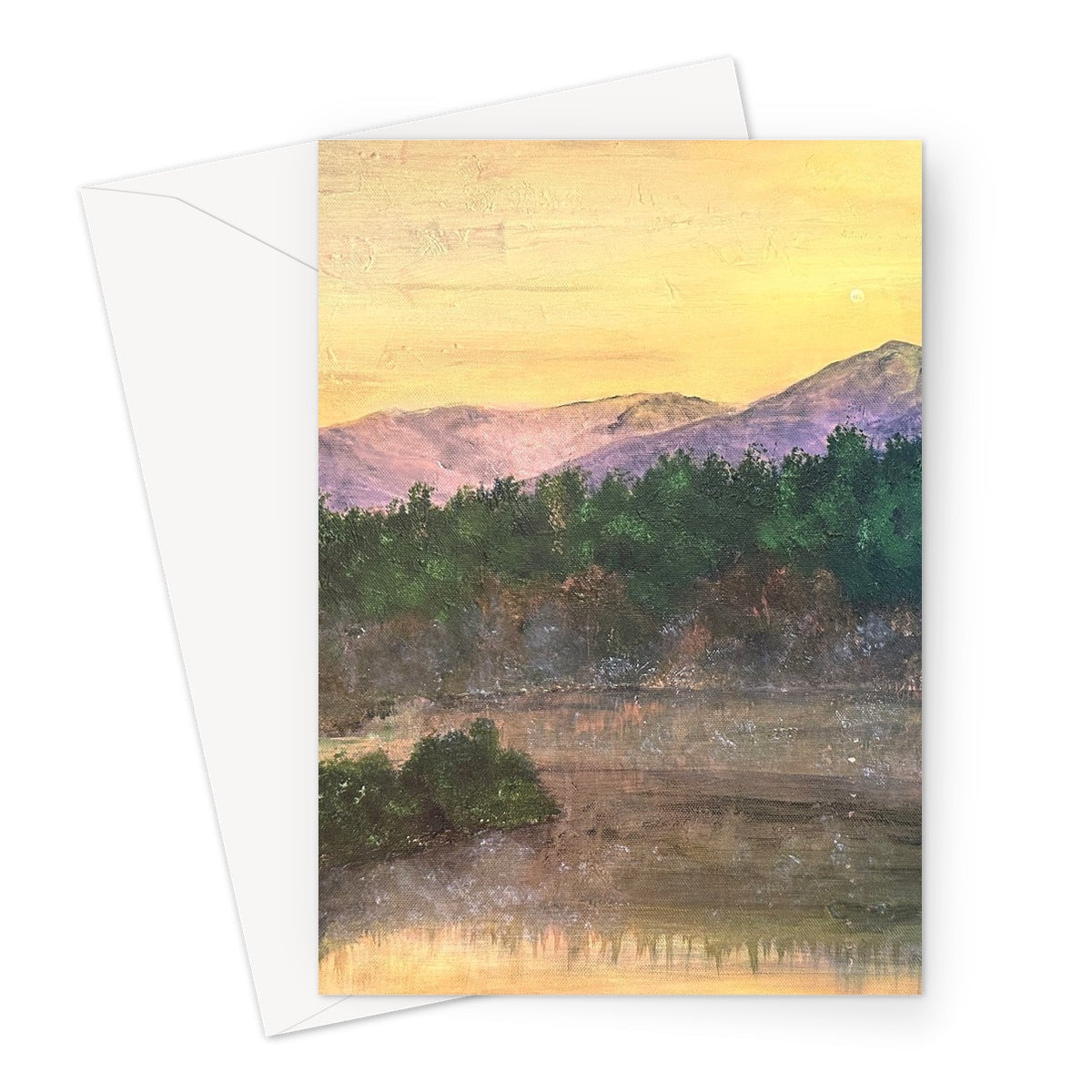 Watercolor landscape greeting card with mountain and forest scene and yellow-orange sky