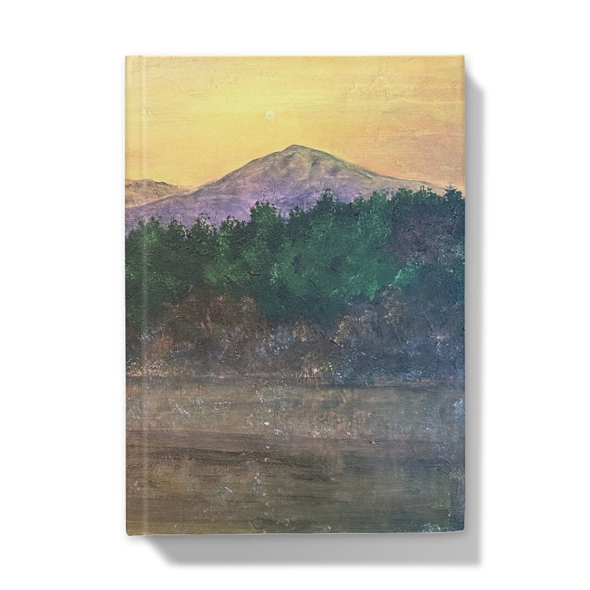 Canvas print of serene mountain landscape with green trees and yellow sky on Ben Tee Invergarry journal