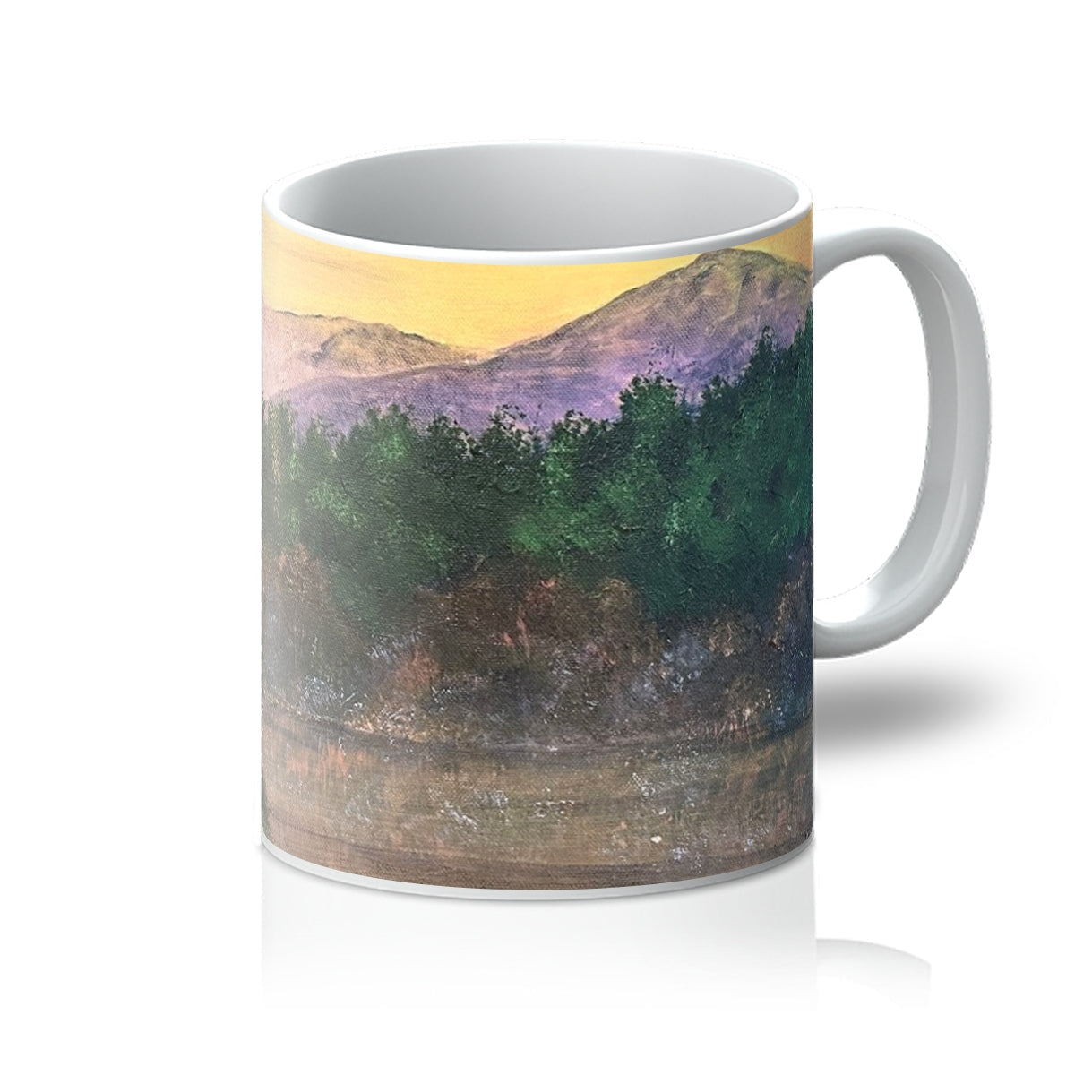 Ben Tee Invergarry Mug featuring a ceramic mountain landscape design in yellow and purple hues