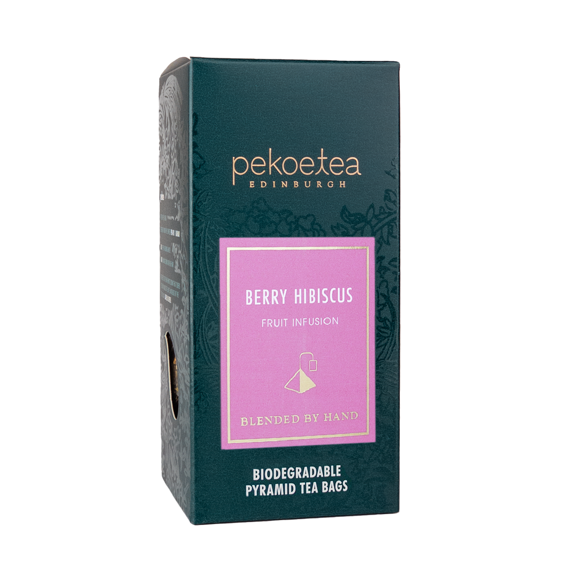 Sleek dark green box of Berry Hibiscus Fruit Infusion pekoe tea with pink label