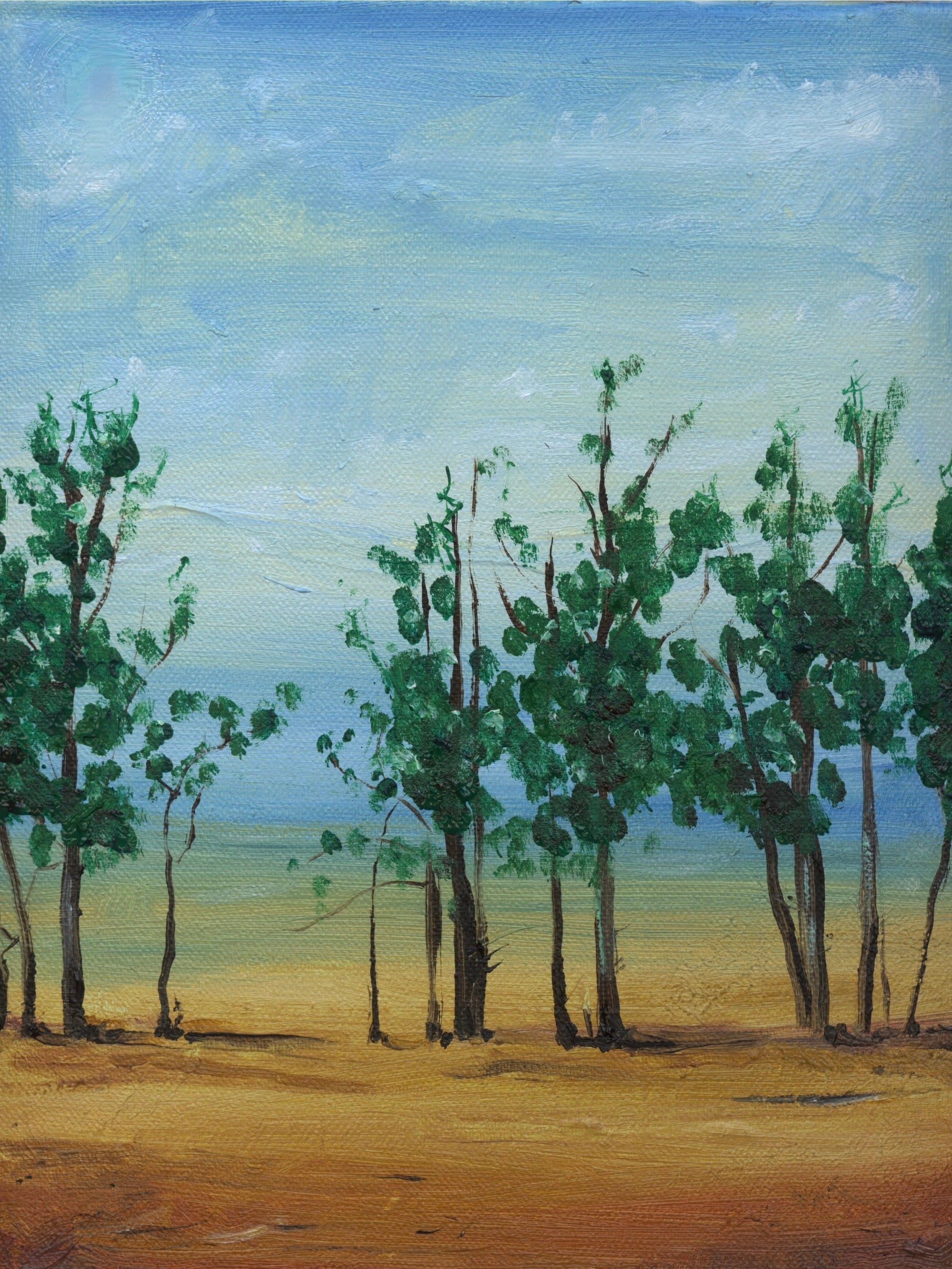 Oil painting of green trees under a blue sky on brown and orange ground for Beyond The Trees Loch Morlich Original Painting