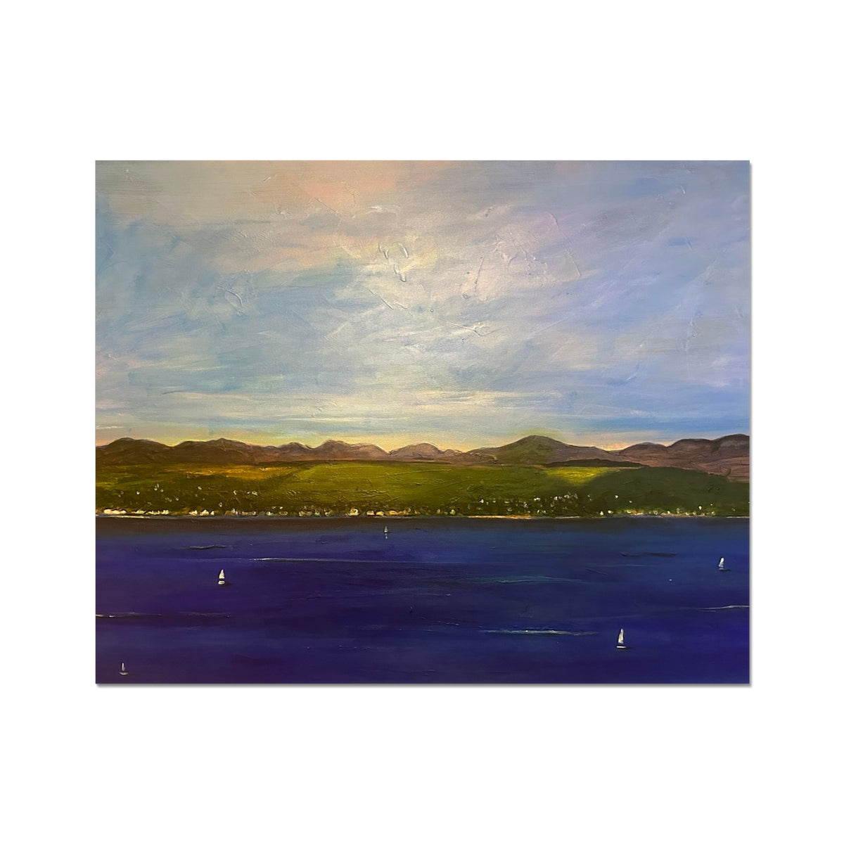 Vibrant oil painting of sunset over water with sailboats, shoreline, and rolling hills