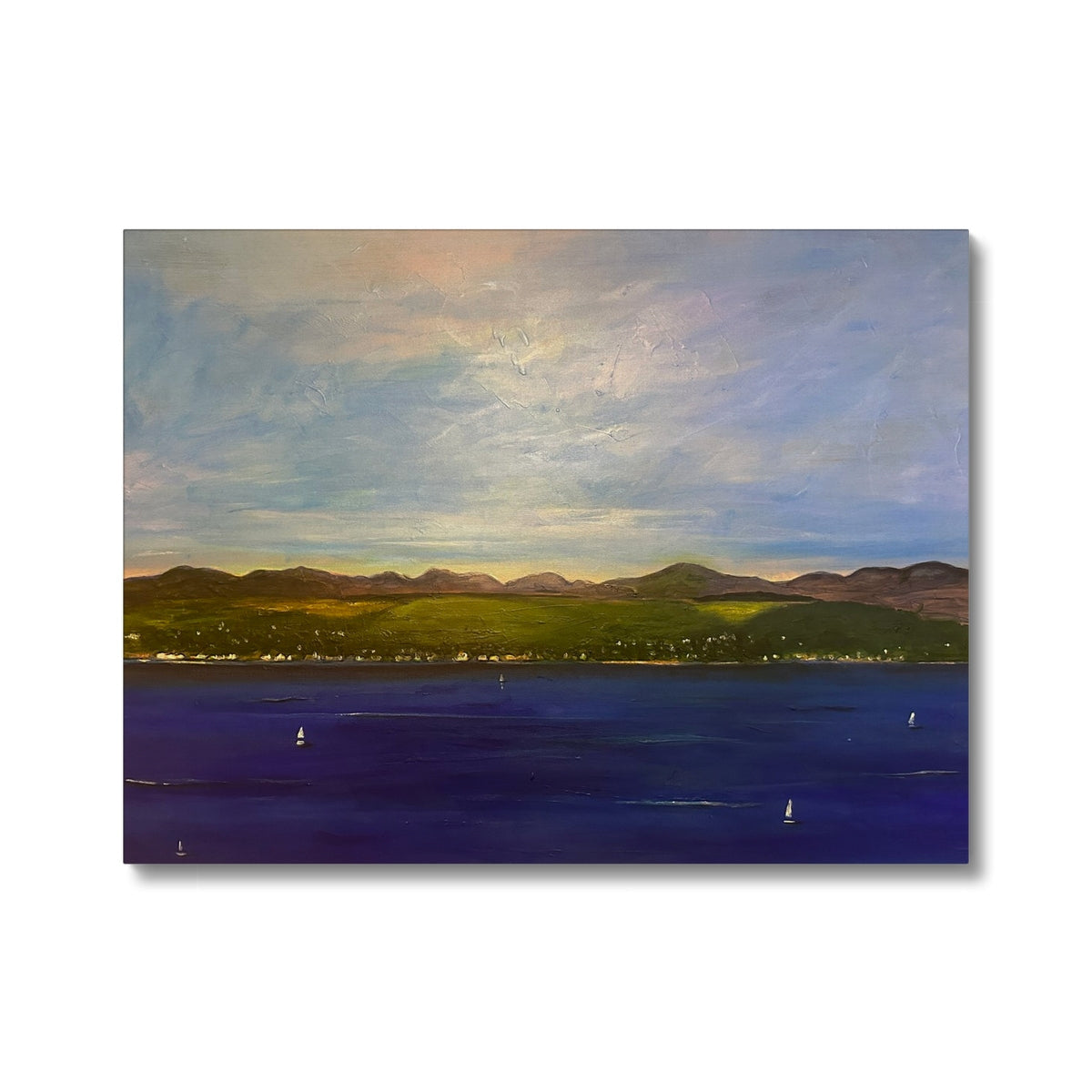 Oil painting of a landscape with water, green hills, and a cloudy sky on The Biggie Canvas