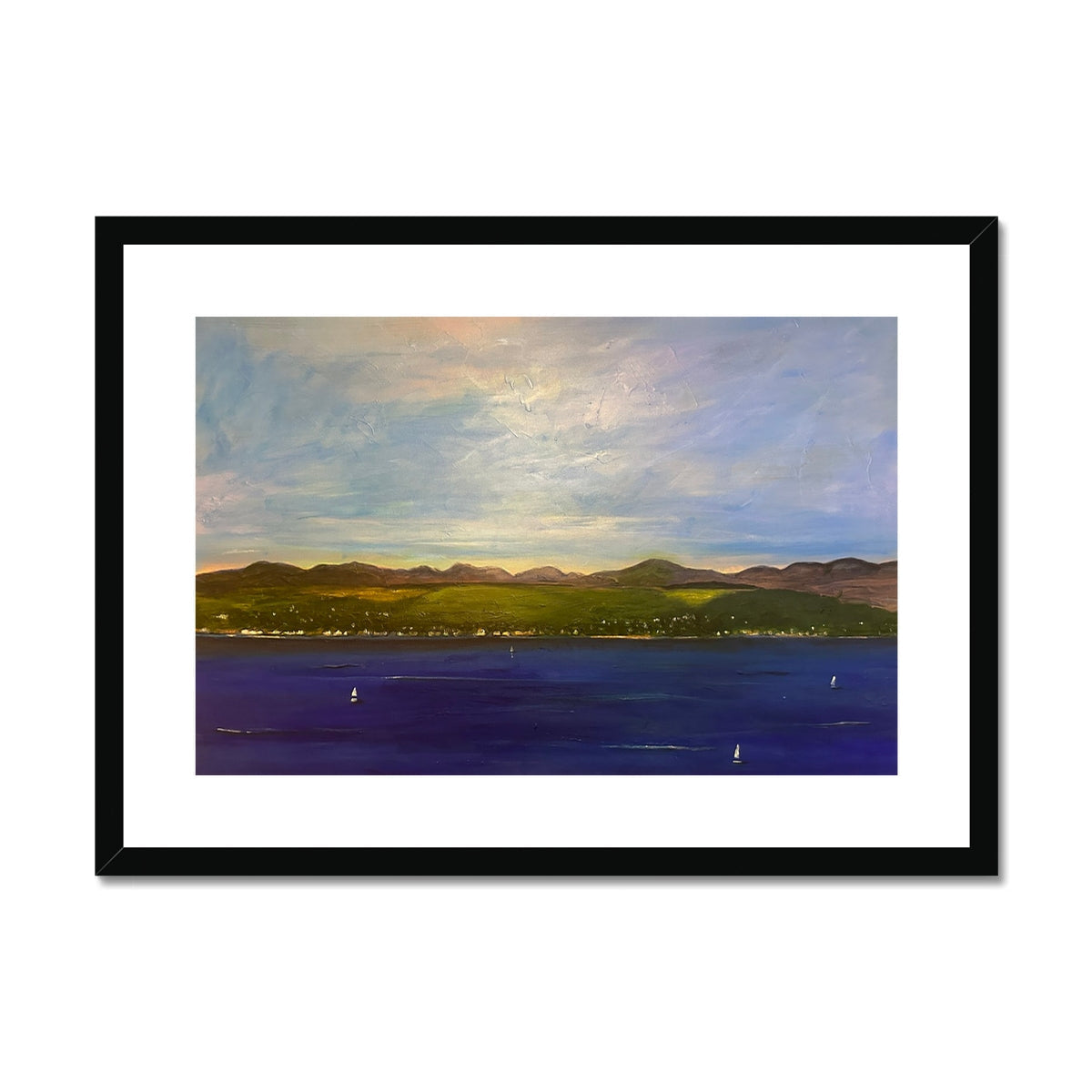 Framed landscape painting of a coastal town with mountains and sailboats for The Biggie print