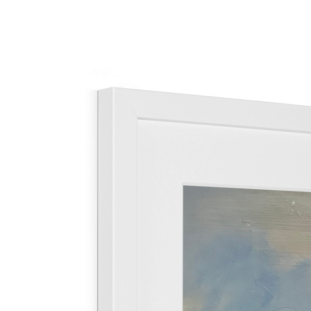 White framed artwork featuring a blue and beige abstract painting for The Biggie Framed & Mounted Print