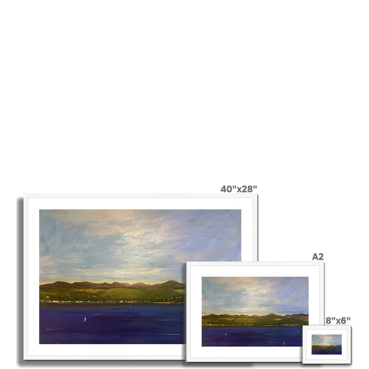 Three framed landscape paintings of varying sizes displayed on The Biggie Framed & Mounted Print