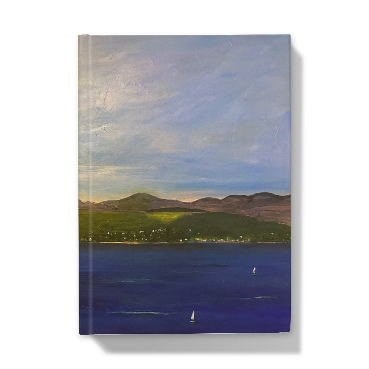 Landscape painting on canvas featuring tranquil bay, distant mountains, and sailboats