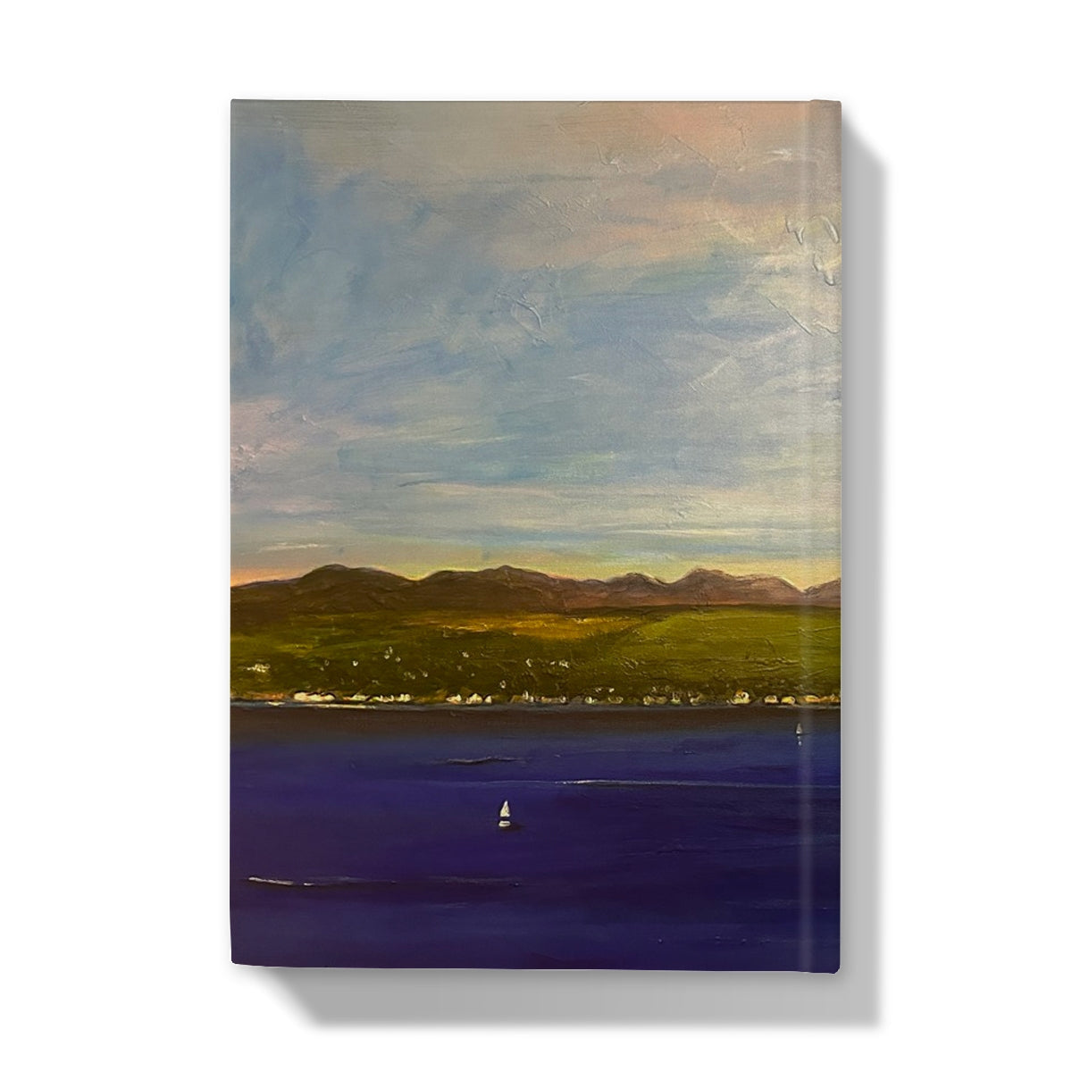 Oil painting on canvas of tranquil lake landscape with mountains and sailboat for The Biggie Hardback Journal