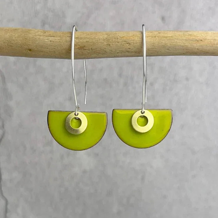 Lime green half-moon enamel earrings with gold accent by Lindsay Mcdowall