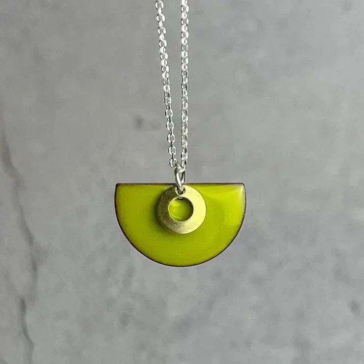 Bitter Green semi-circle necklace in vibrant lime green with gold accent on silver chain by Lindsay McDowall Jewellery