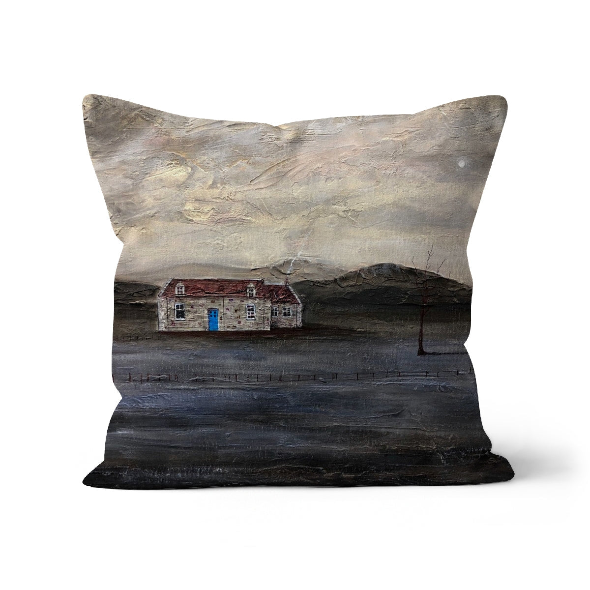 Beige and brown abstract landscape throw pillow with rustic barn design and textured fabric