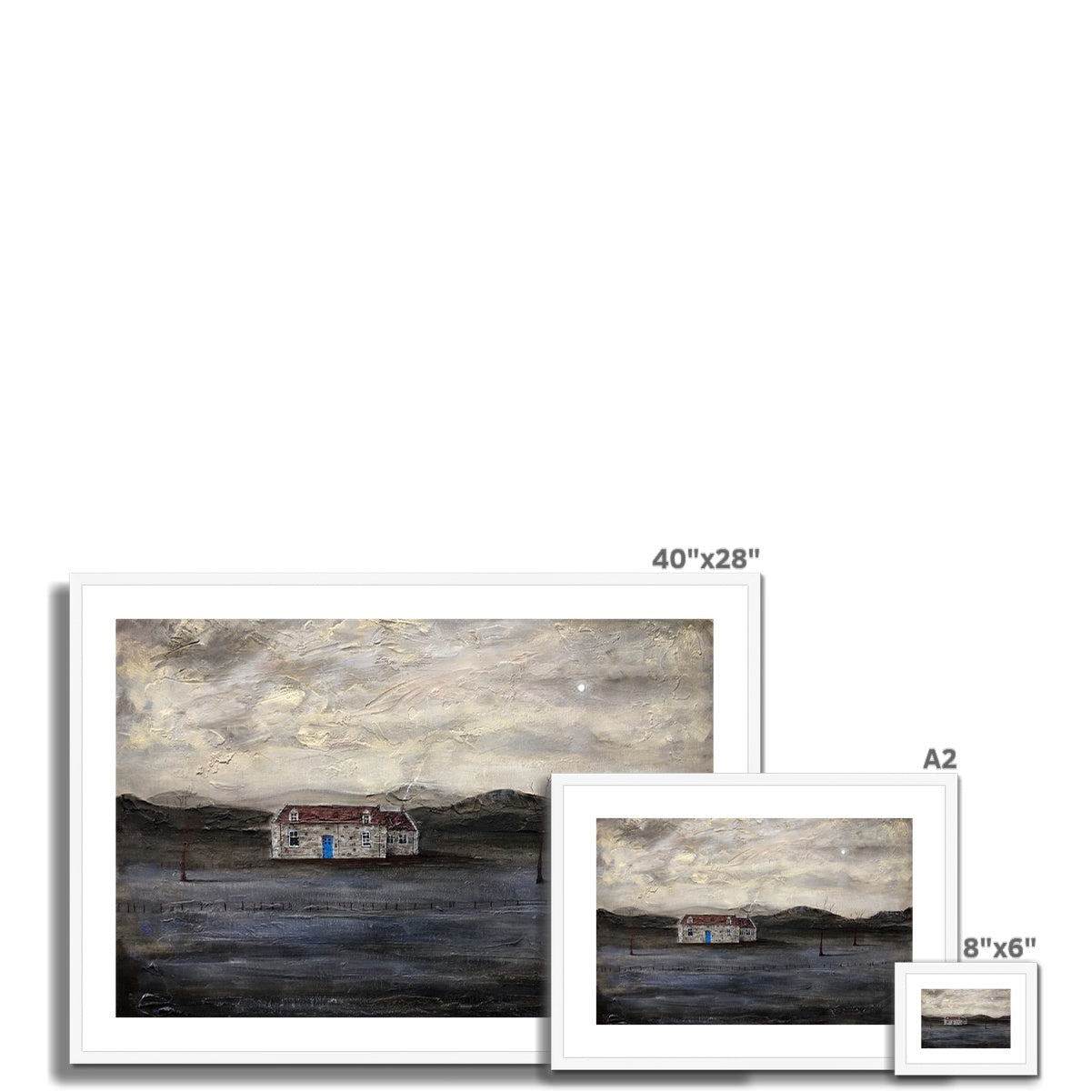 Framed 40x28 inch abstract landscape print of Blue Door Burn Altmore Cottage with white frame