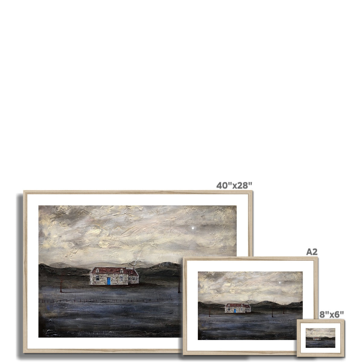 40x28 inch framed rustic landscape painting of Blue Door Burn Altmore Cottage under cloudy skies