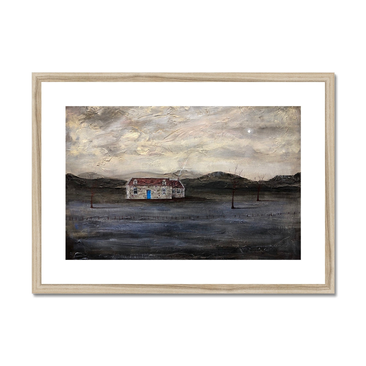 White house with blue door and window, wooden frame, Blue Door Burn Altmore Cottage print