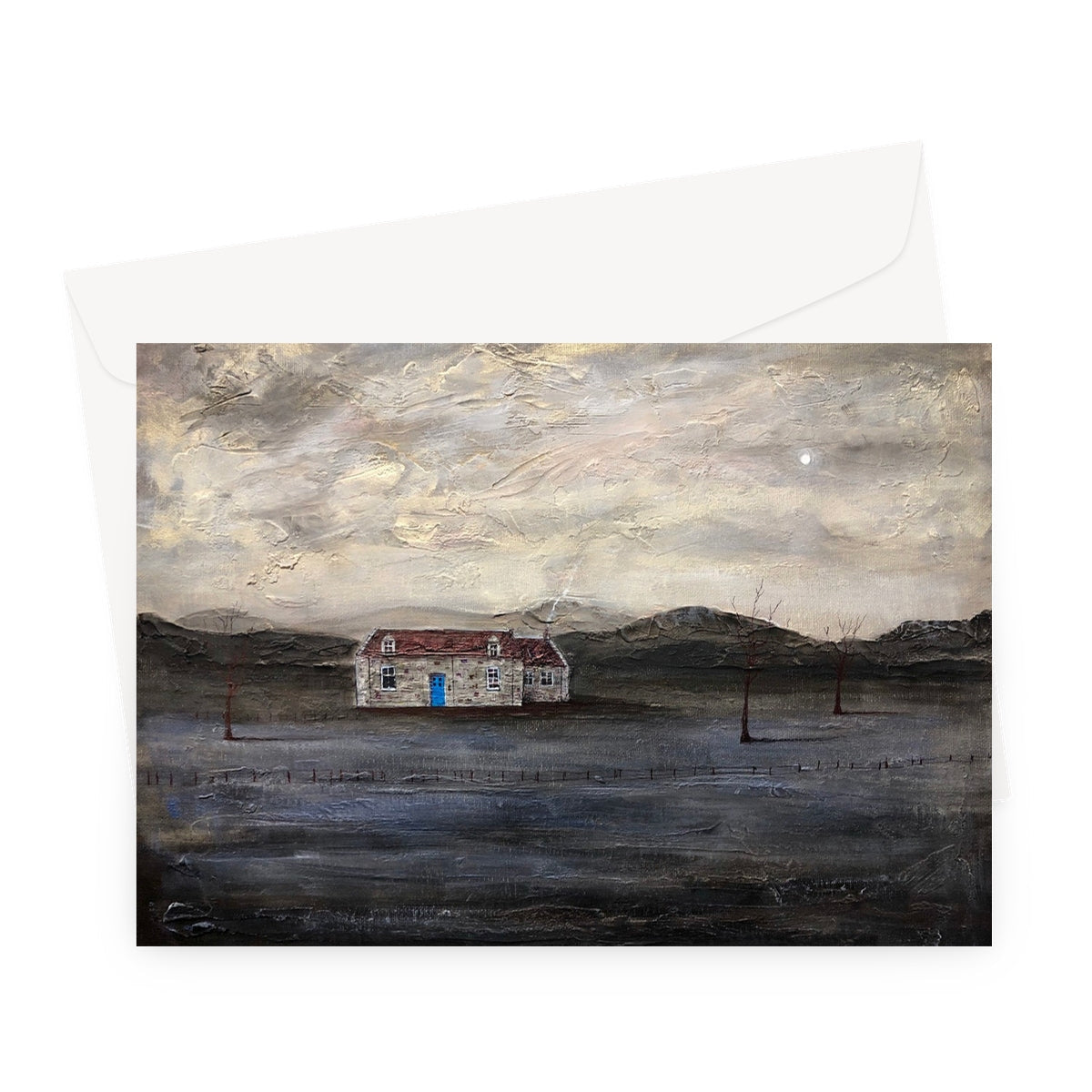 Blue door house greeting card with textured surface and envelope for Burn Altmore Cottage