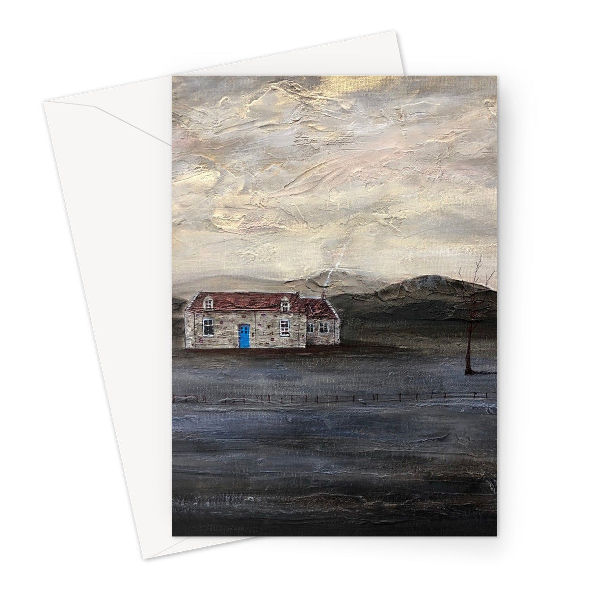 White house greeting card with blue door, red roof, and textured surface for Blue Door Burn Altmore Cottage