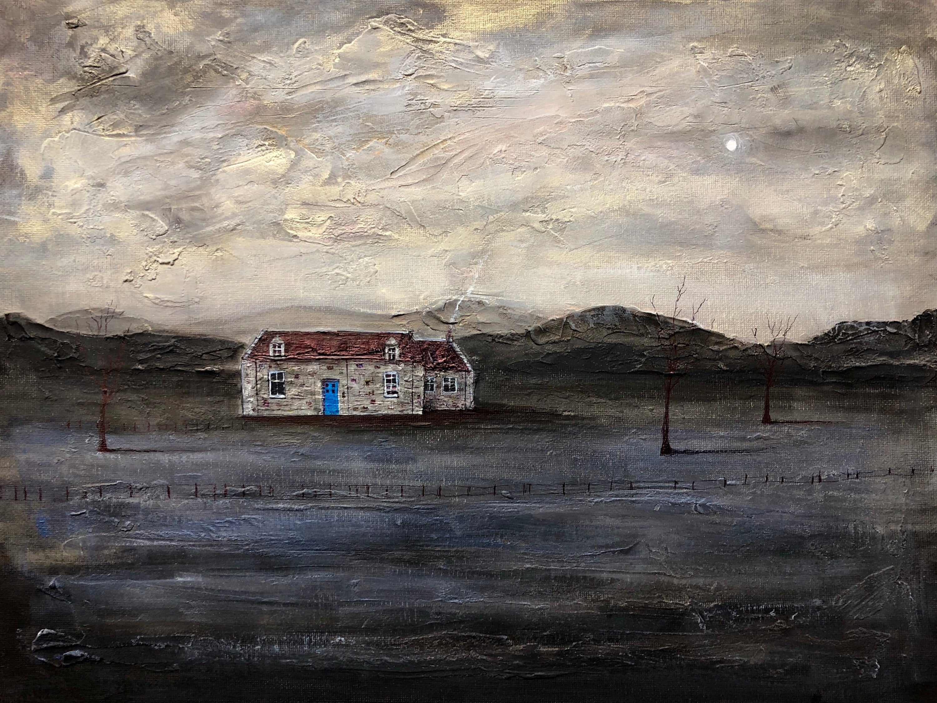 Textured landscape painting featuring a stone house and a blue door at Burn Altmore Cottage