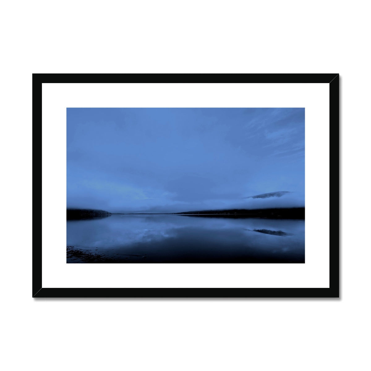 Blue and white framed canvas print of serene Loch Fyne lake scene