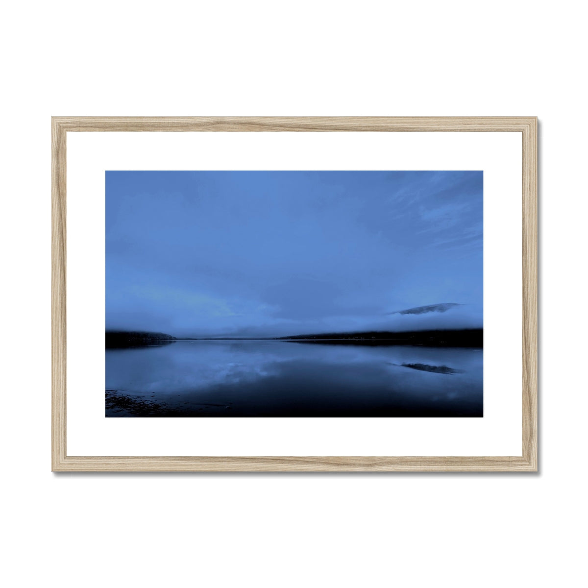 Serene Loch Fyne landscape art print in blue tones with reflective water