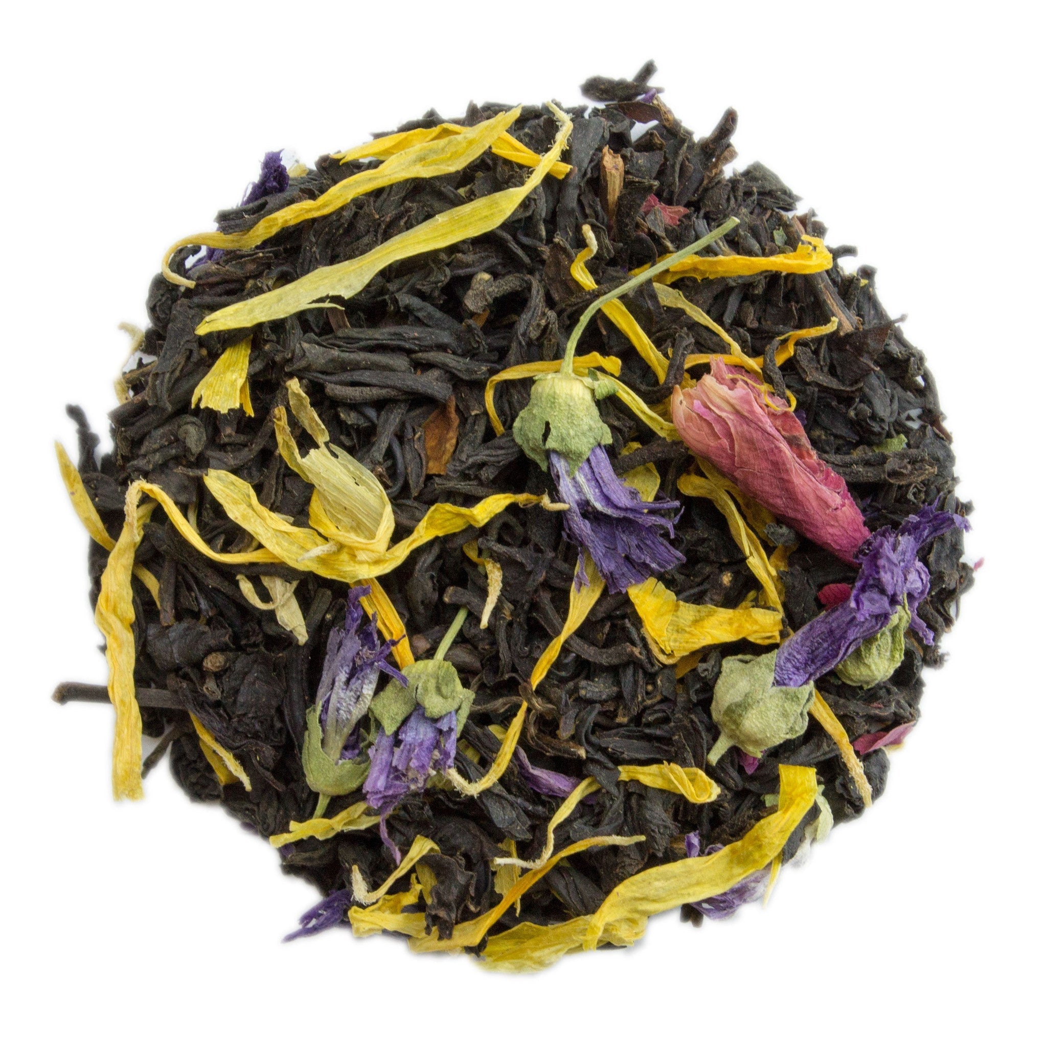 A vibrant blend of dark black tea leaves mixed with yellow purple and pink dried flower petals for blue lady tea