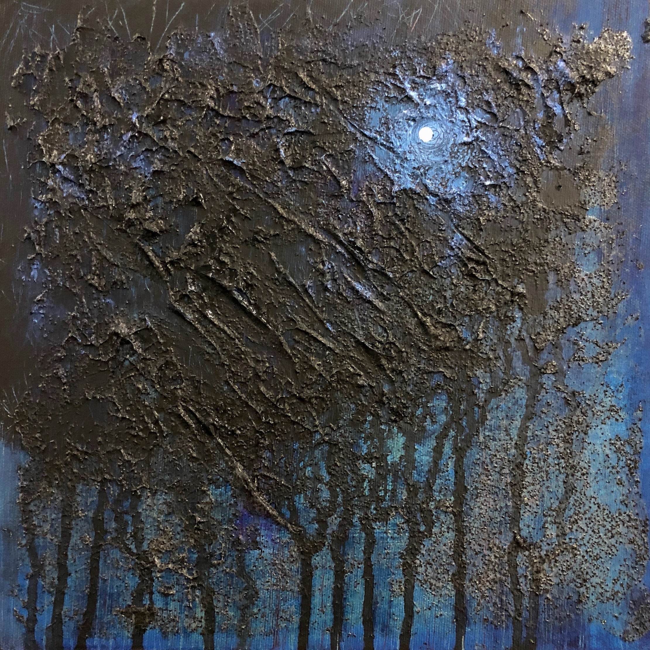 Textured forest scene under moonlight on The Blue Moon Wood Abstract Original Painting
