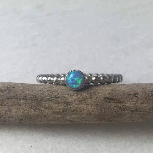 Delicate silver beaded Blue Opal Ring by Lindsay McDowall Jewellery