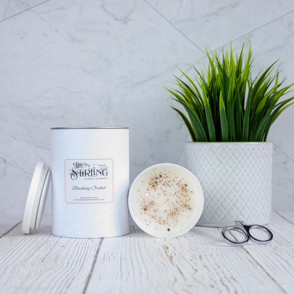 Blushing Orchid large candle from Stirling Candle Company with creamy wax and specks