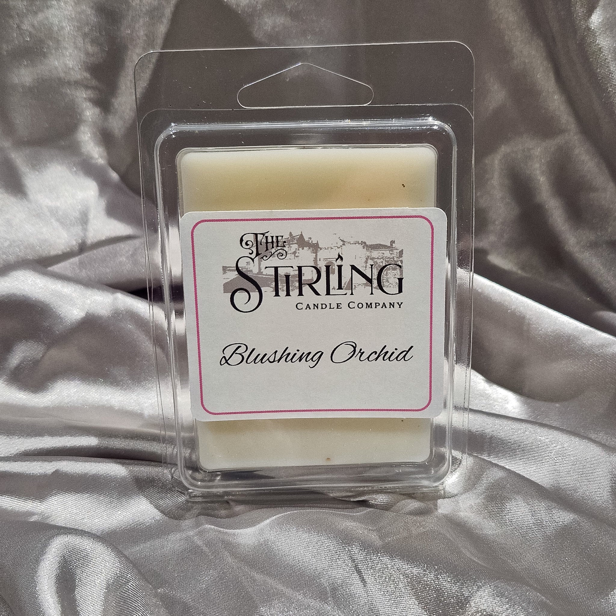 Blushing Orchid creamy white wax melt clamshell by Stirling Candle Company