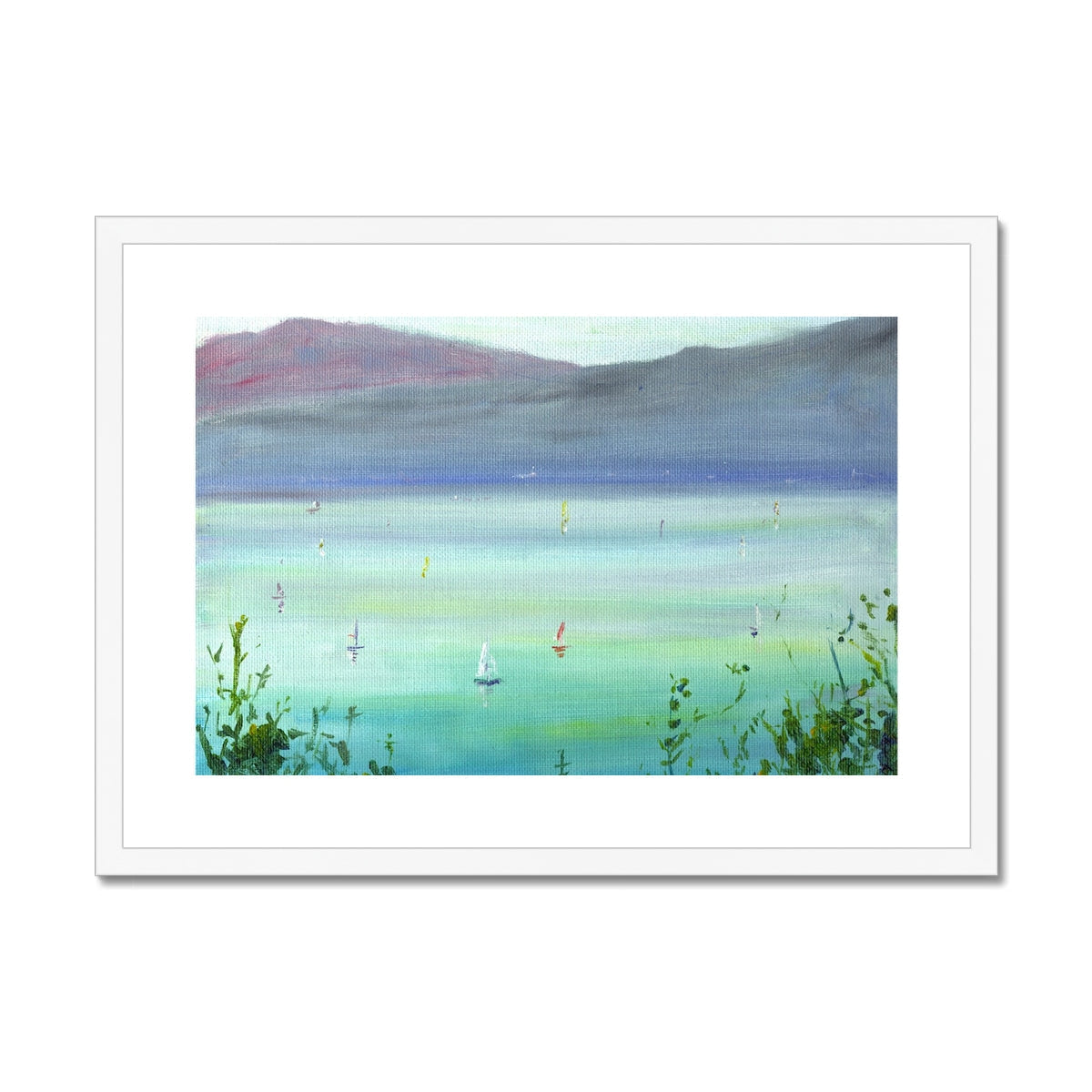 Blue and green sailboat painting in white frame, Boats On The Clyde print