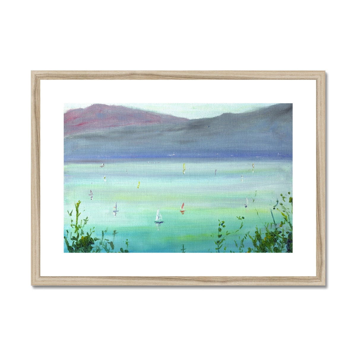 Serene seascape with sailboats and mountains in Boats On The Clyde framed print