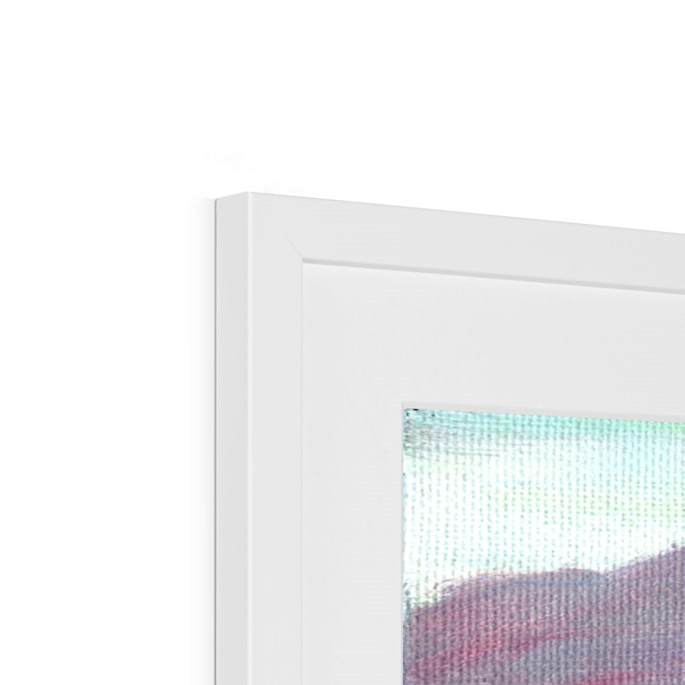 White framed Boats On The Clyde abstract print in teal and pink