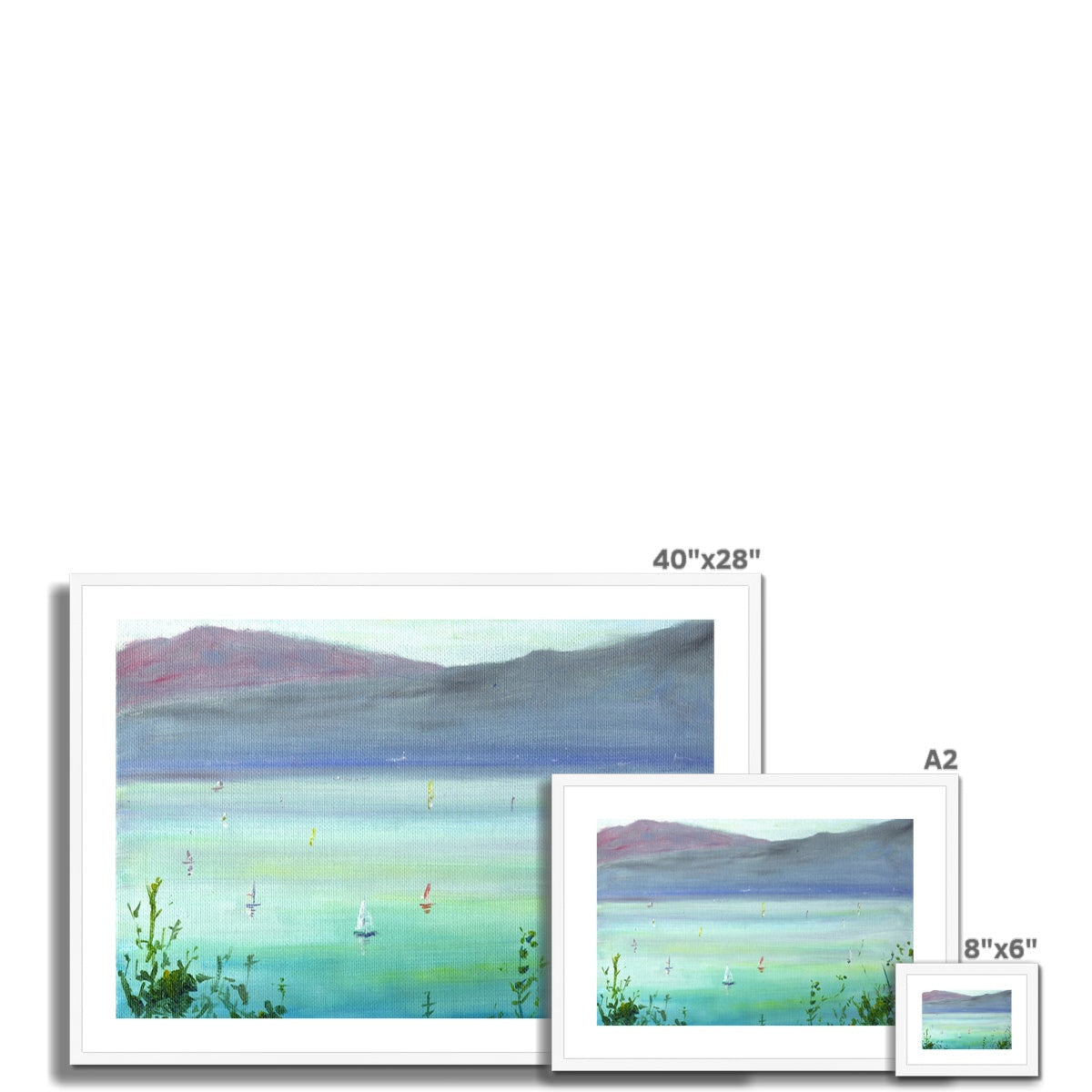 40x28 inch framed Boats On The Clyde print with serene blue-green mountainscape
