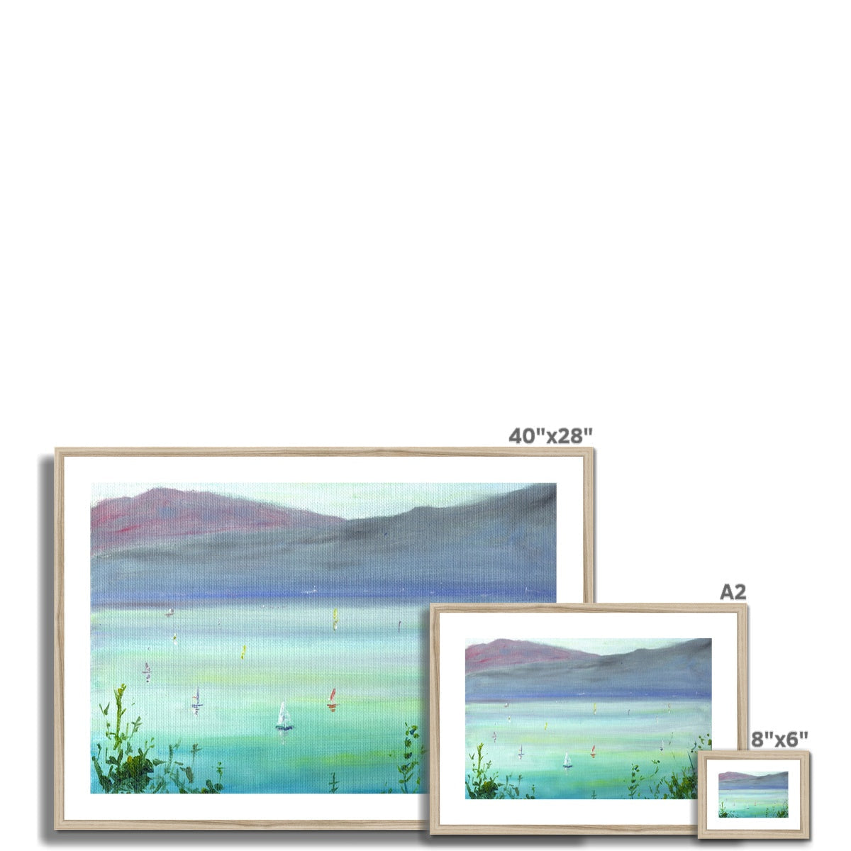 40x28 inch framed Boats On The Clyde coastal painting with sailboats