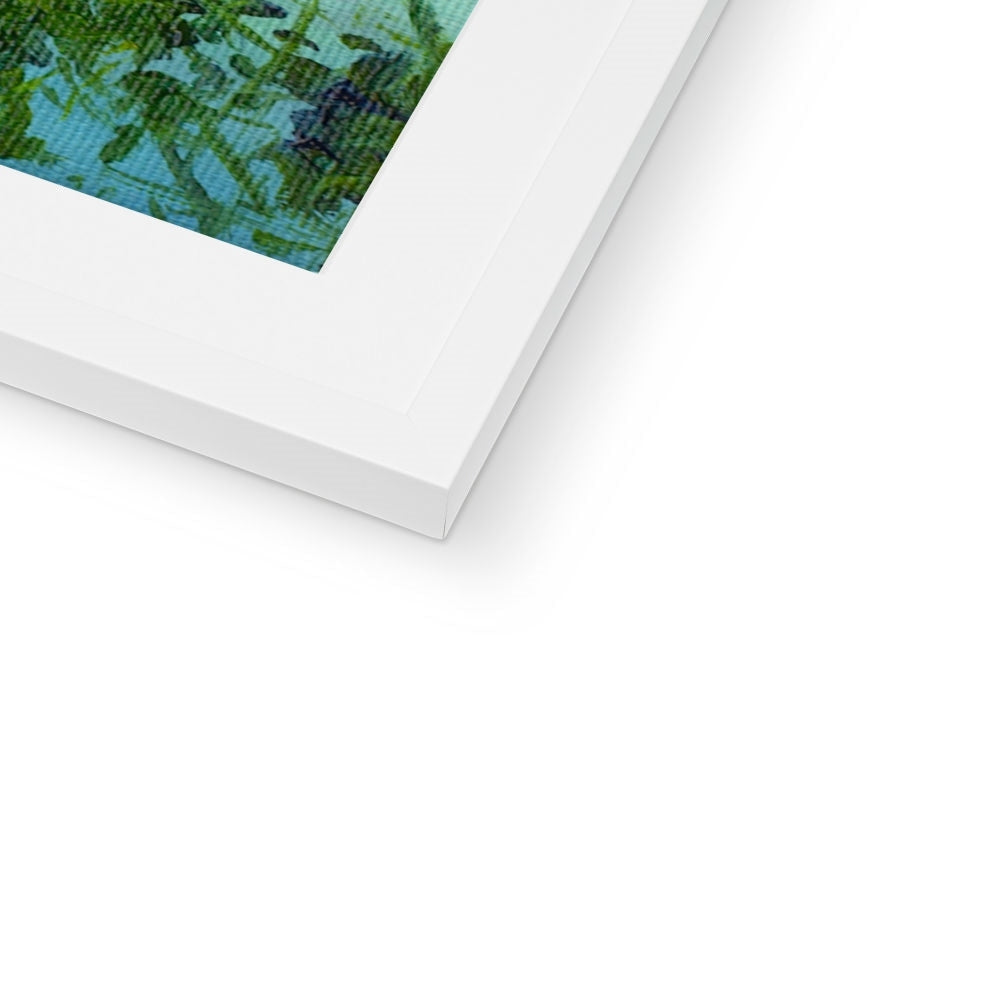 White framed Boats On The Clyde abstract print in green and blue