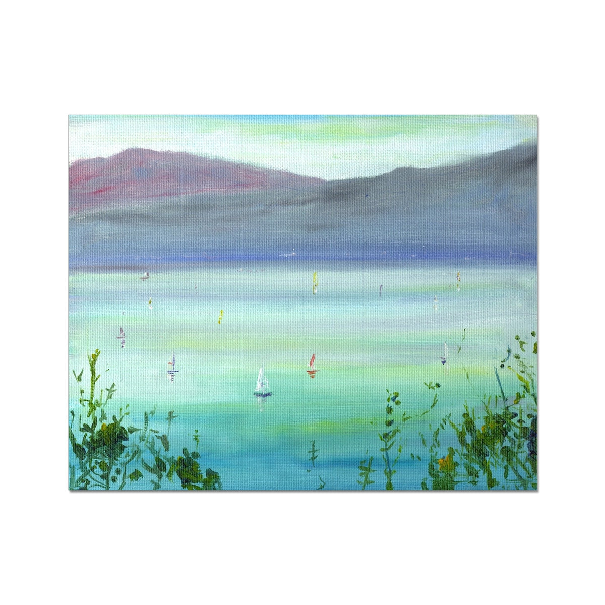 Blue and green watercolor lake with sailboats, Boats On The Clyde Hahnemühle print