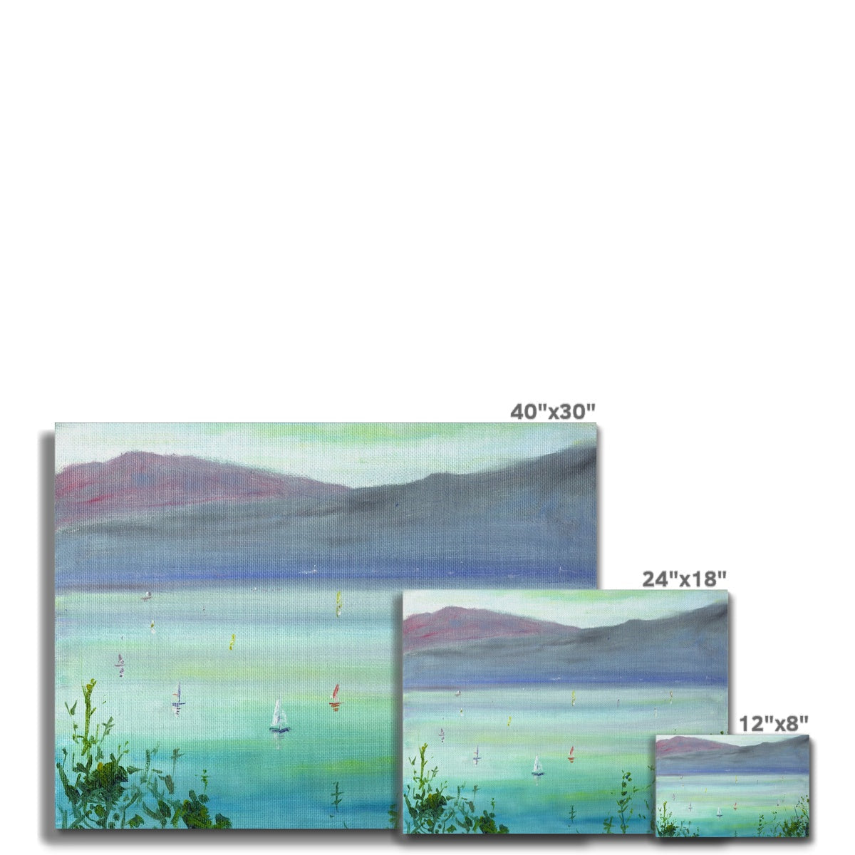 Boats On The Clyde: 40x30 landscape canvas of misty sailboats and hills