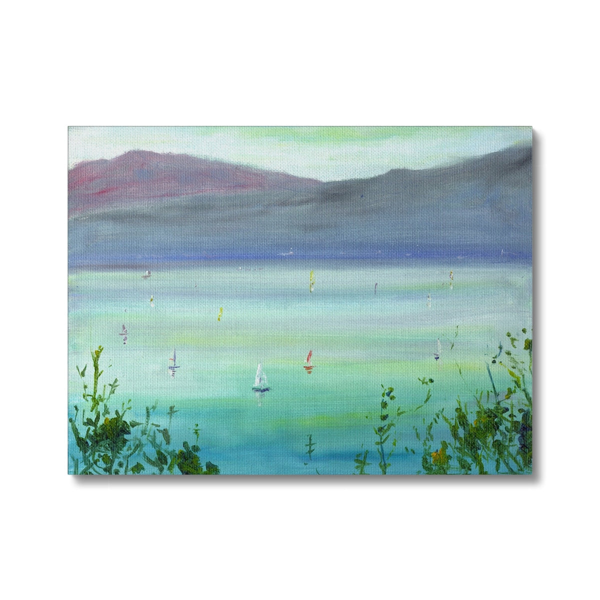 Abstract green and blue lake painting with sailboats on Boats On The Clyde canvas
