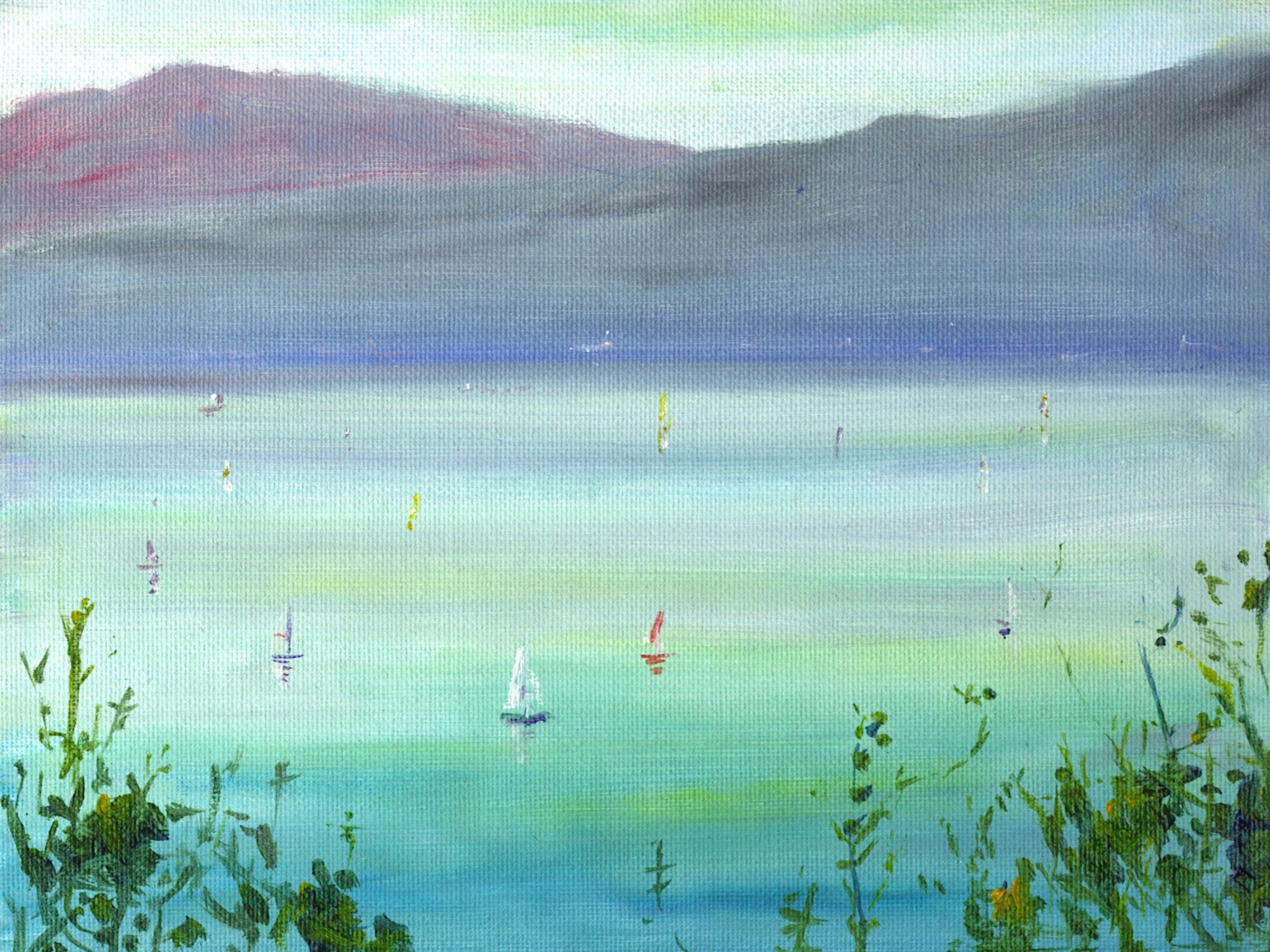 Tranquil painting of sailboats on a lake with mountains and foliage, Boats On The Clyde Original Painting