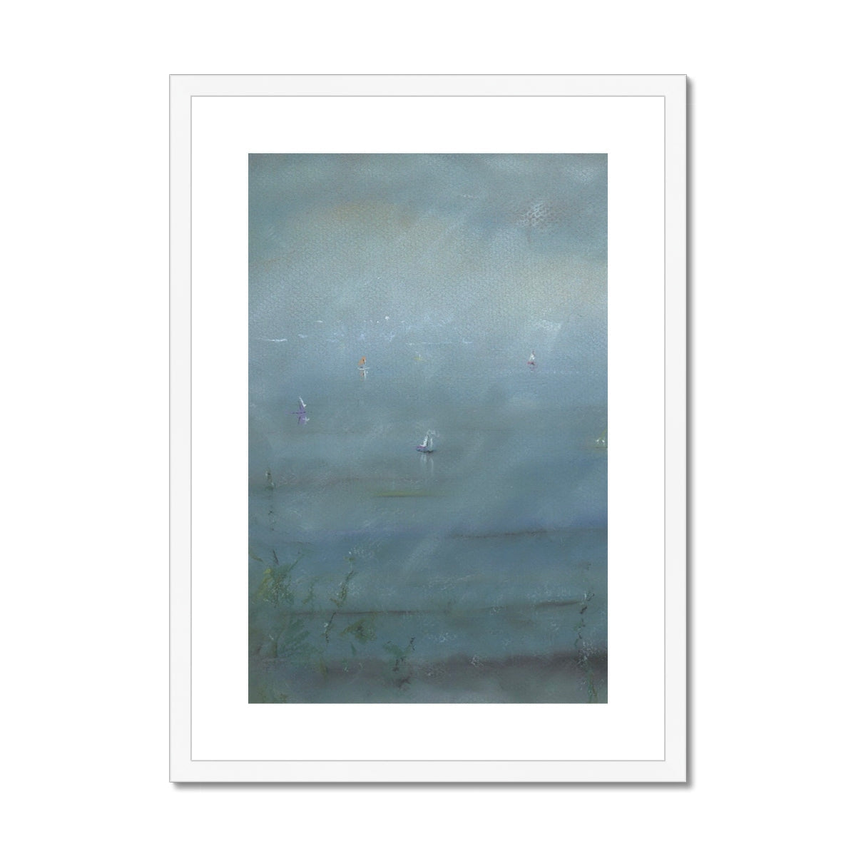 Serene Boats in the Mist abstract print in white frame